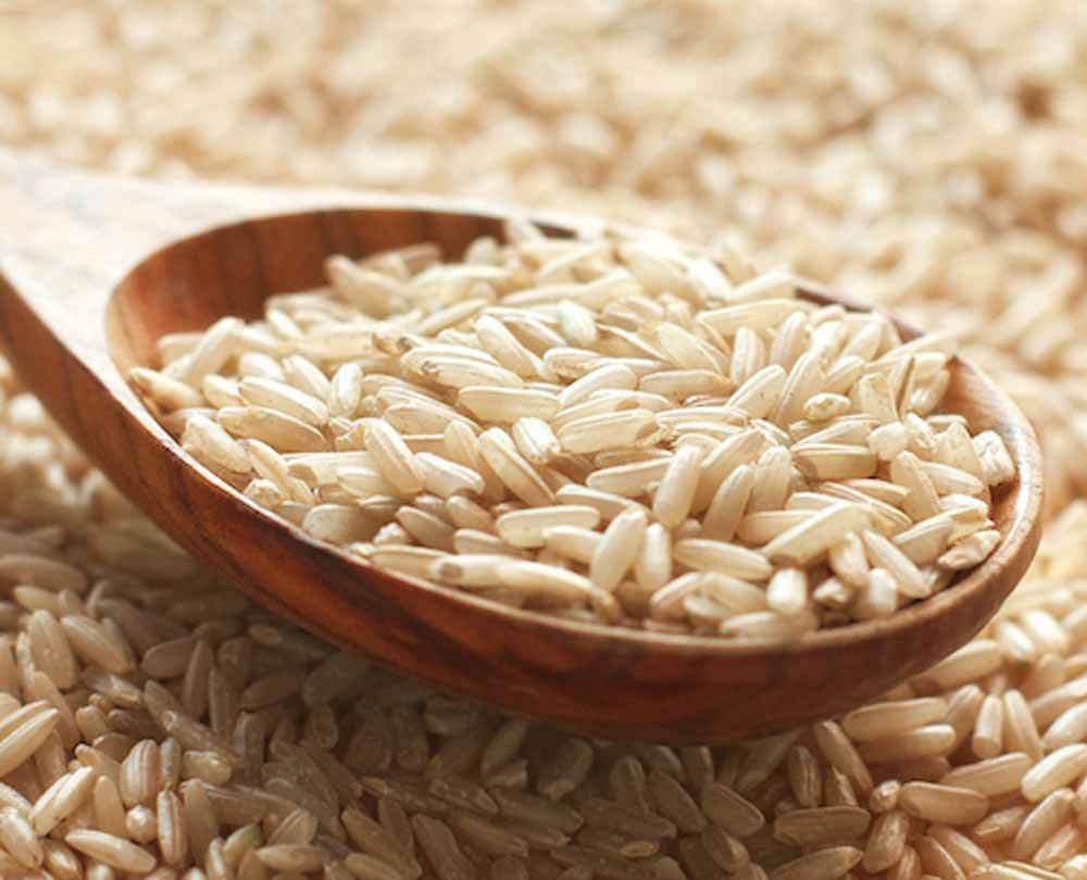 Organic Brown Rice Syrup. A close-up view of a wooden spoon overflowing with uncooked brown rice grains,