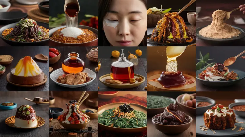 Korean certified rice syrup. A collage showcasing a variety of dishes and drinks, with images of vegetables, rice, pancakes, cheese, desserts, cookies, tea, noodles, meat, and cake.