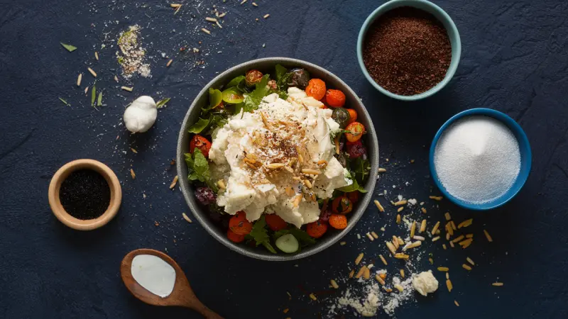 Korean certified rice syrup. A bowl of fresh salad with green leaves, cherry tomatoes, and cucumber slices, generously topped with crumbled feta cheese and spices