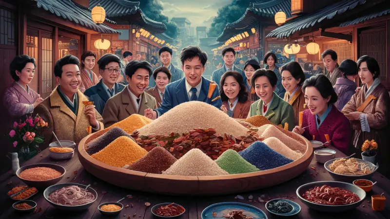 Korean certified rice syrup. A convivial gathering of people with obscured faces enjoying a feast of colorful dishes in a traditional Asian setting
