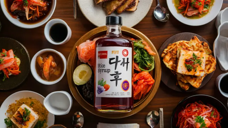 Korean certified rice syrup. A bottle of Rice Syrup with Korean text on a red label is placed on a wooden table, surrounded by traditional Korean dishes