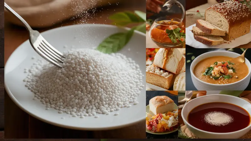 Tapioca Starch Benefits. A collage featuring a variety of food-related images: a close-up of a fork sprinkling white granules onto a plate, slices of bread with sesame seeds, two types of sandwiches, soup being poured into a bowl, creamy soup garnished with herbs in a white bowl, and a bowl of tomato soup
