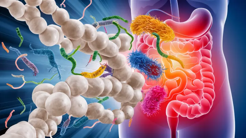 Tapioca Starch Benefits. An illustration depicting the human digestive system in detail, with various colorful bacteria representing the gut microbiome. The image includes a large bead-like structure on the left and a detailed human digestive system on the right, all against an abstract blue background suggestive of a microscopic view.