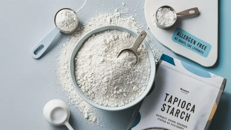 Tapioca Starch Benefits. A bowl filled with white tapioca starch is centered on a light blue surface, accompanied by a metal scoop, a blue measuring spoon, and a bag of ‘Bramble Tapioca Starch’ that is allergen-free, wheat-free, and non-GMO, indicating preparation for allergen-friendly cooking or baking.