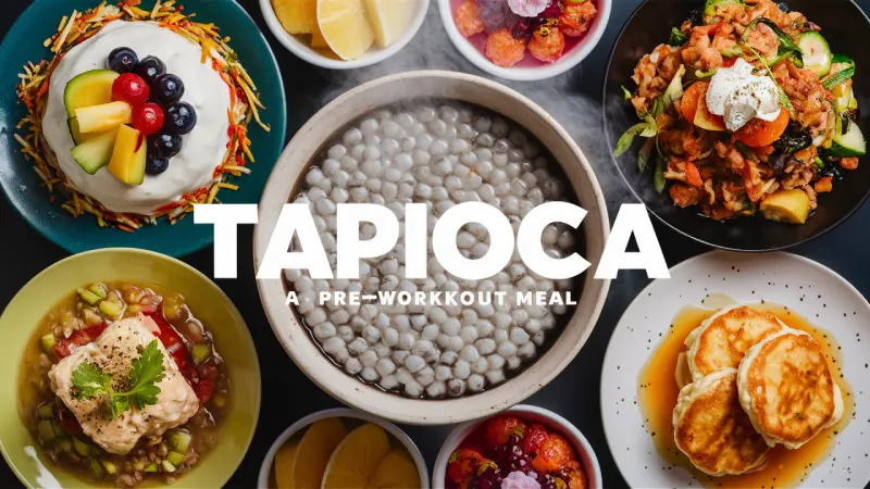 Tapioca Starch Benefits. A collage showcasing a variety of tapioca-based dishes, including a central bowl of white tapioca pearls labeled ‘TAPIOCA’ and ‘A PRE-WORKOUT MEAL’, surrounded by colorful fruit-topped cake, a stew-garnished tapioca dish, syrupy pancakes, a meat and vegetable dish with an egg yolk, and bowls of fresh fruits and lemon slices.