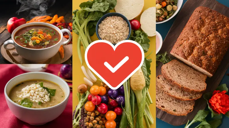 Tapioca Starch Benefits. A collage featuring a bowl of hot vegetable soup with steam rising, surrounded by fresh vegetables like carrots and bell peppers; a heart symbol with a check mark over an assortment of vegetables including leafy greens and tomatoes; and slices of whole grain bread with visible grains and seeds, all indicating a focus on heart-healthy food choices.