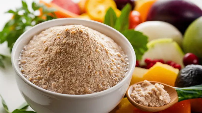 Tapioca Starch Benefits. A bowl of creamy hummus is at the center, surrounded by a vibrant selection of fruits and vegetables