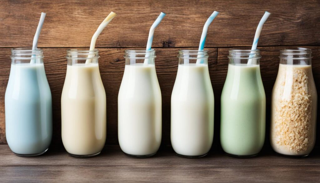 Six bottles of various types of milk with straws on a wooden surface.