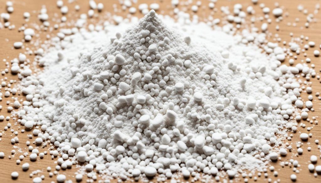 Close-up view of white powder with scattered granules on a wooden surface