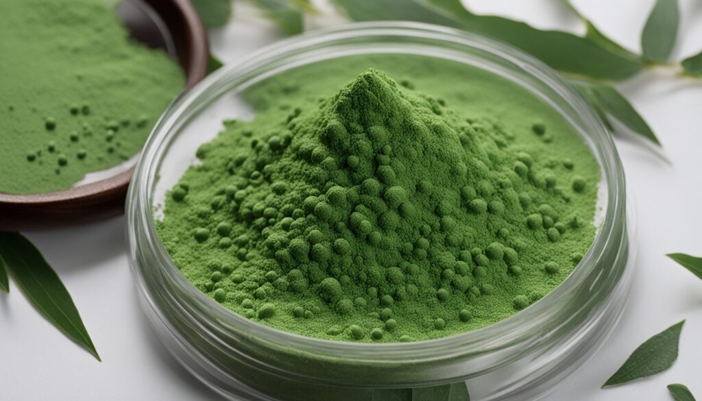 Vibrant green matcha powder in a glass bowl.