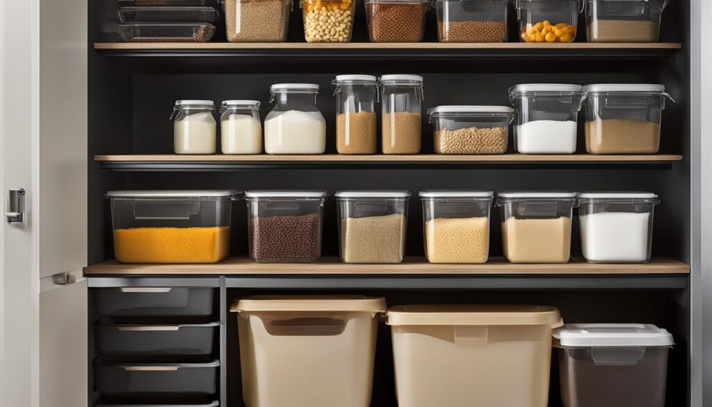 Organized pantry shelves with labeled clear containers of various dry goods and lower bins for bulk storage.